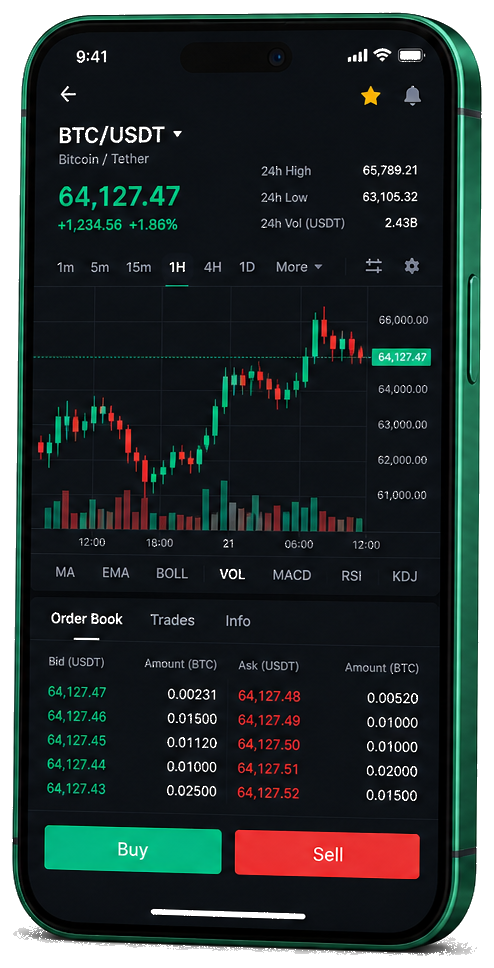 French Legacy trading platform on mobile — live BTC/USDT chart, order book, and buy/sell interface